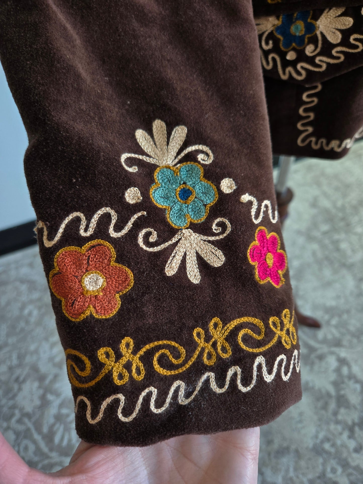 Doubled D Ranch Brown Velvet Blazer with Colorful Stitching Detail - XL