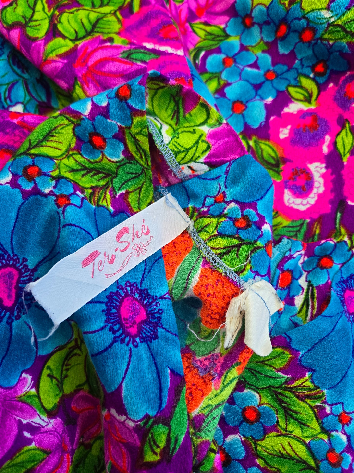 Ter-She Vintage Barkcloth Dayglo Print Floral Caftan - OS