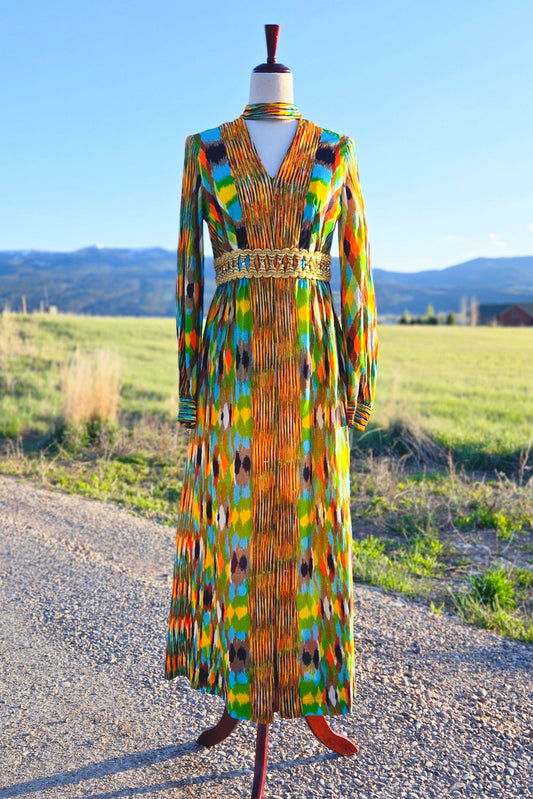 1970s Psychedelic Print Dress with Goddess Waist Belt - small/medium