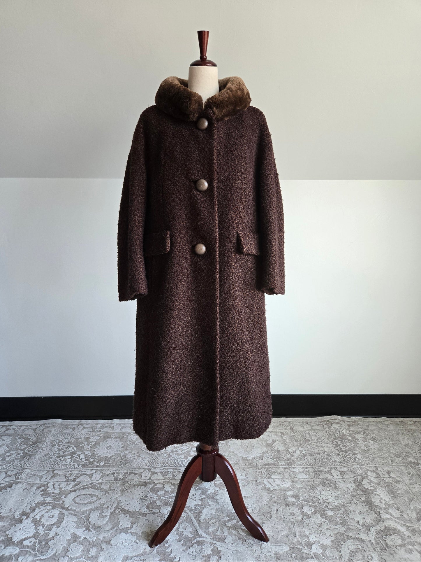 Vintage 1950s Union Made Curly Wool Peacoat with Brown Fur Collar - Large