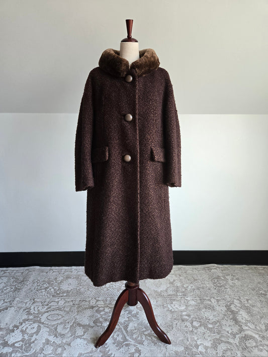 Vintage 1950s Union Made Curly Wool Peacoat with Brown Fur Collar - Large