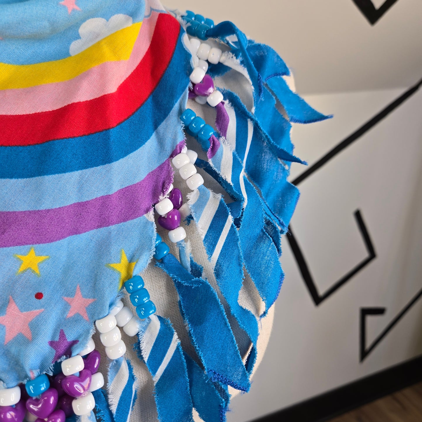 Blue Unicorns and Rainbows Neck Tie Bandana with Beaded Fringe