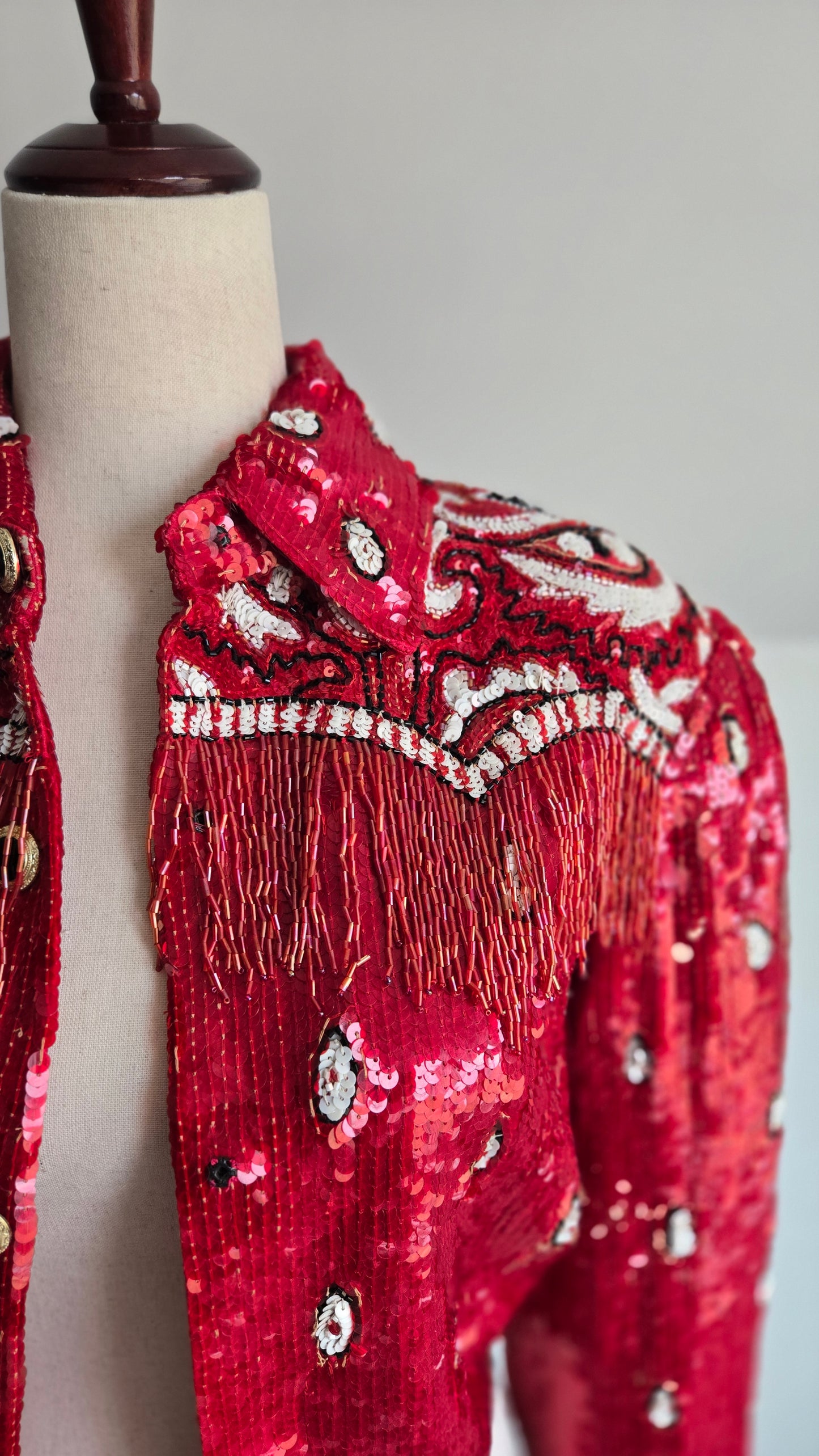 Lillie Rubin Vintage Sequin Western Crop Silk Jacket with Beaded Fringe - small