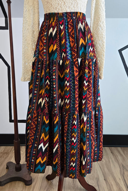 K.W.B.L. Los Angeles Vintage Western Print Cotton Tiered Skirt - medium