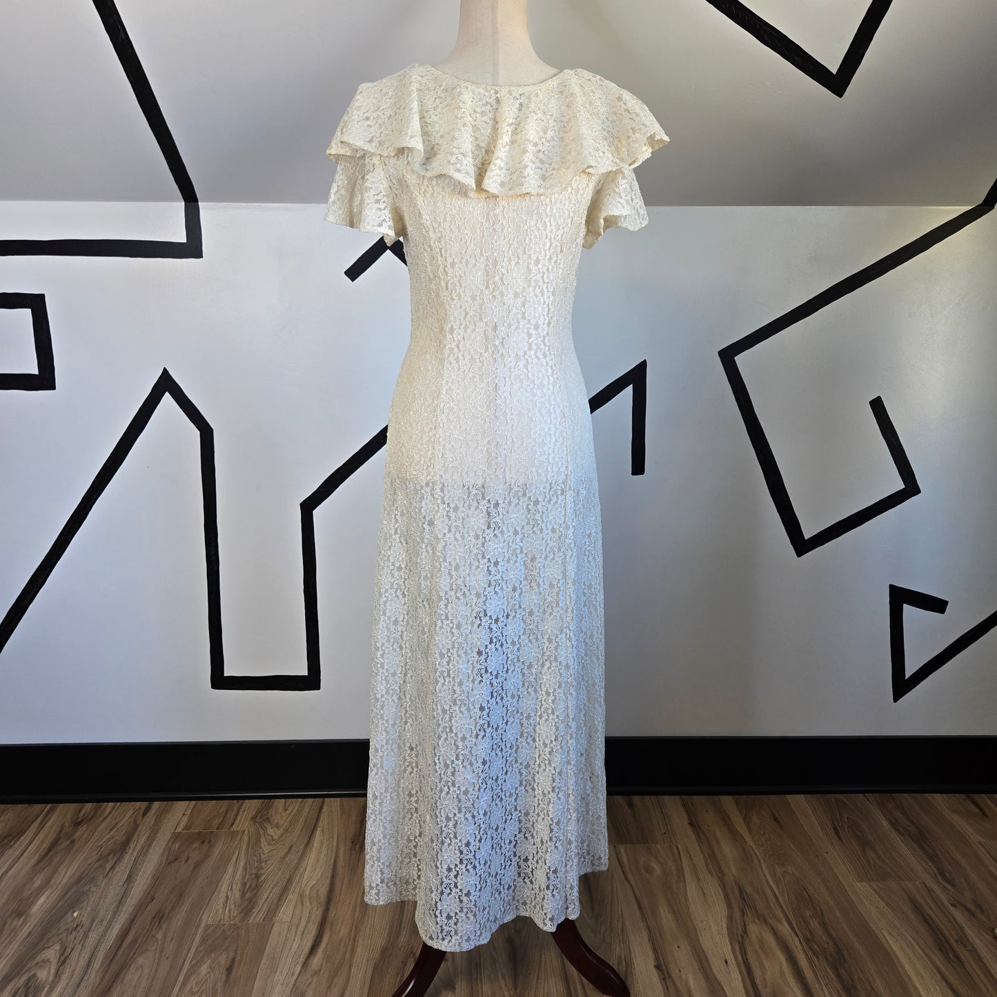 All That Jazz Vintage 80s Shear Ivory Lace Dress with Cape Flutter Sleeve - Small