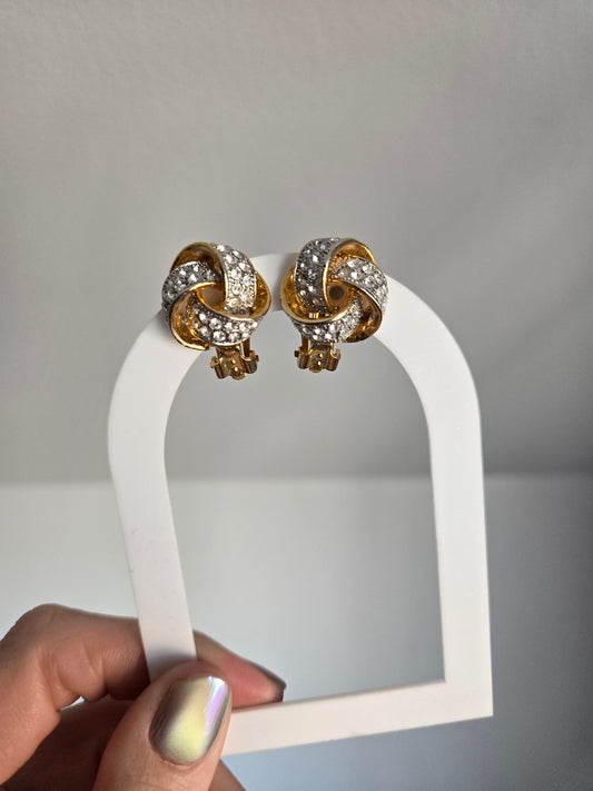 Vintage Gold Tone and Rhinestone Knot Clip Ons