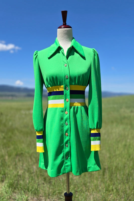 70s Lime Green Retro Button Down Mini Dress - small/medium