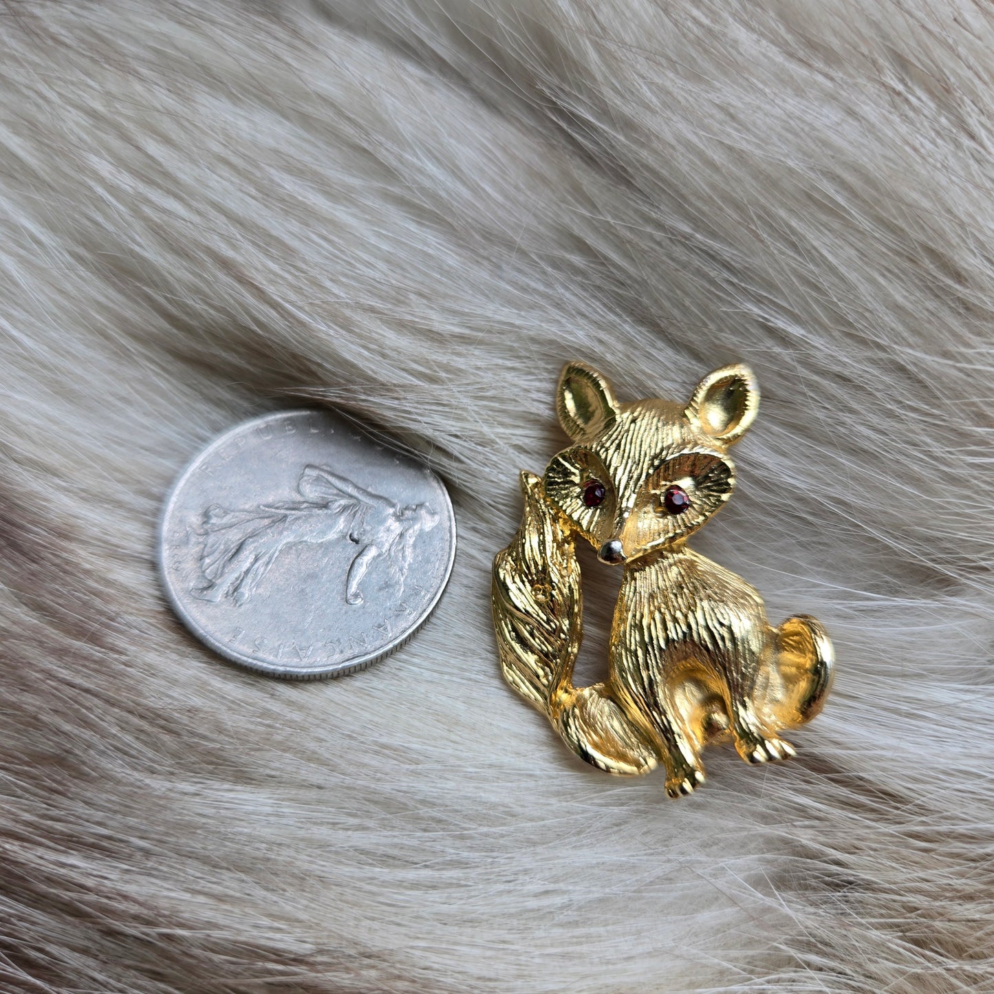 Fox Gold Tone Brooch with Red Rhinestone Eyes