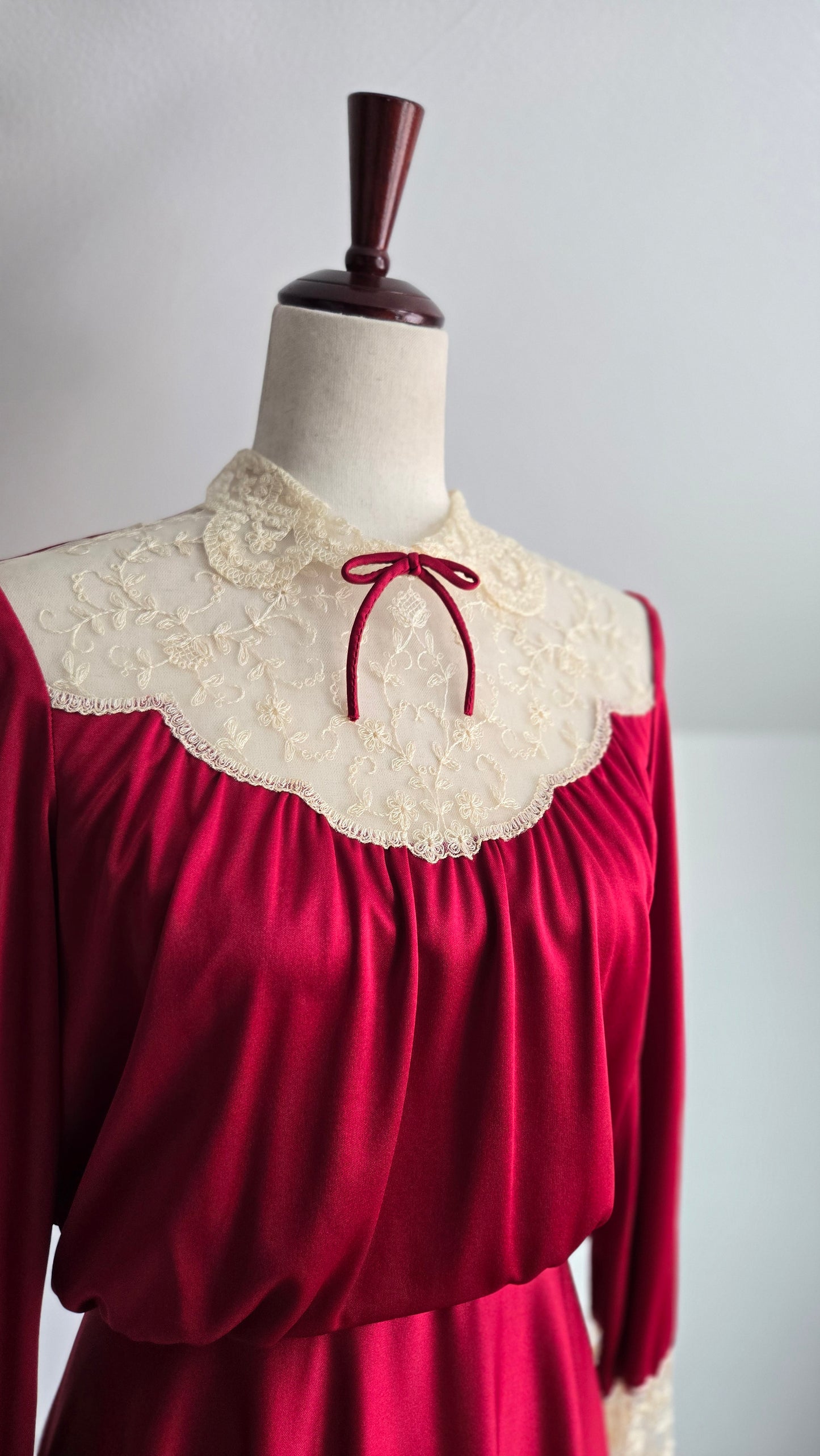 Vintage 1970s Red Slinky Maxi Dress with Shear Lace - Medium