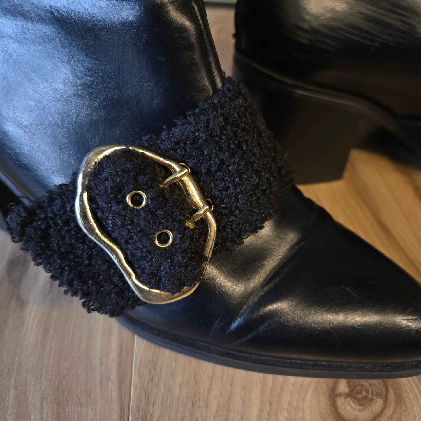 Charles and Keith Black Patent Leather Boots with Fur and Buckle - Size 9.5/10