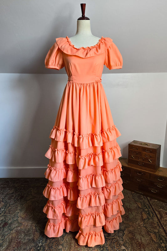 Vintage Peach Prairie Ruffled Dress - S/M