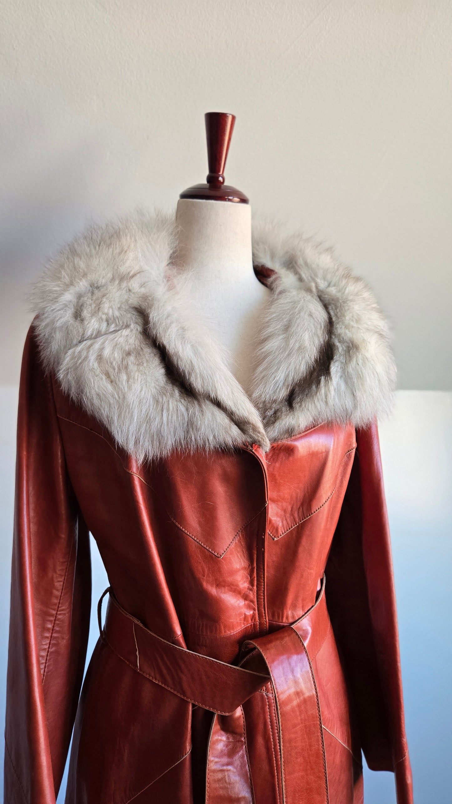 Napa Y Ante Skin Gear 1970s Patchwork Brown Leather Trench with Coyote Fur - Medium