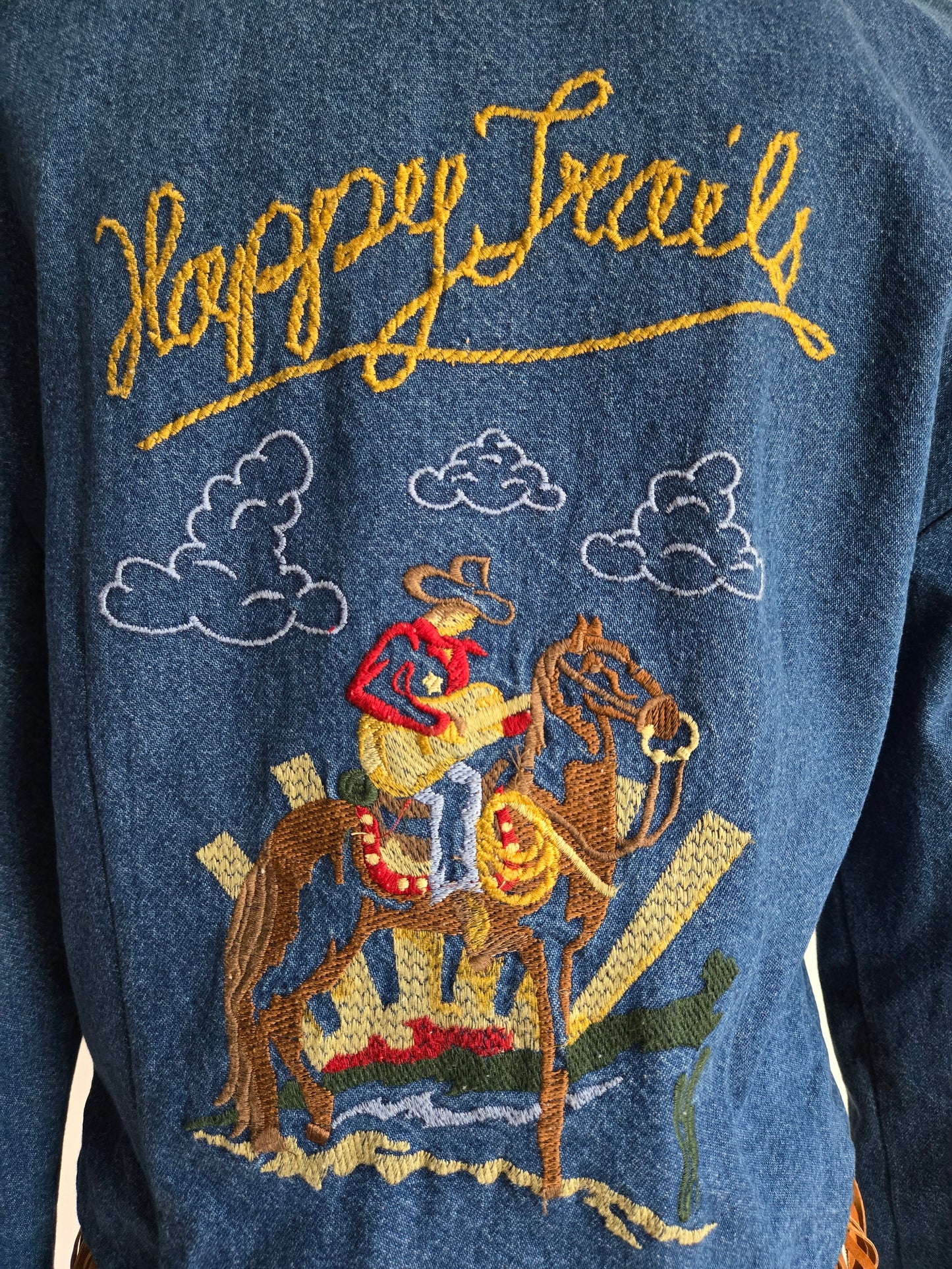 Happy Trails Embroidered Denim Western Jacket with Fringe - Medium