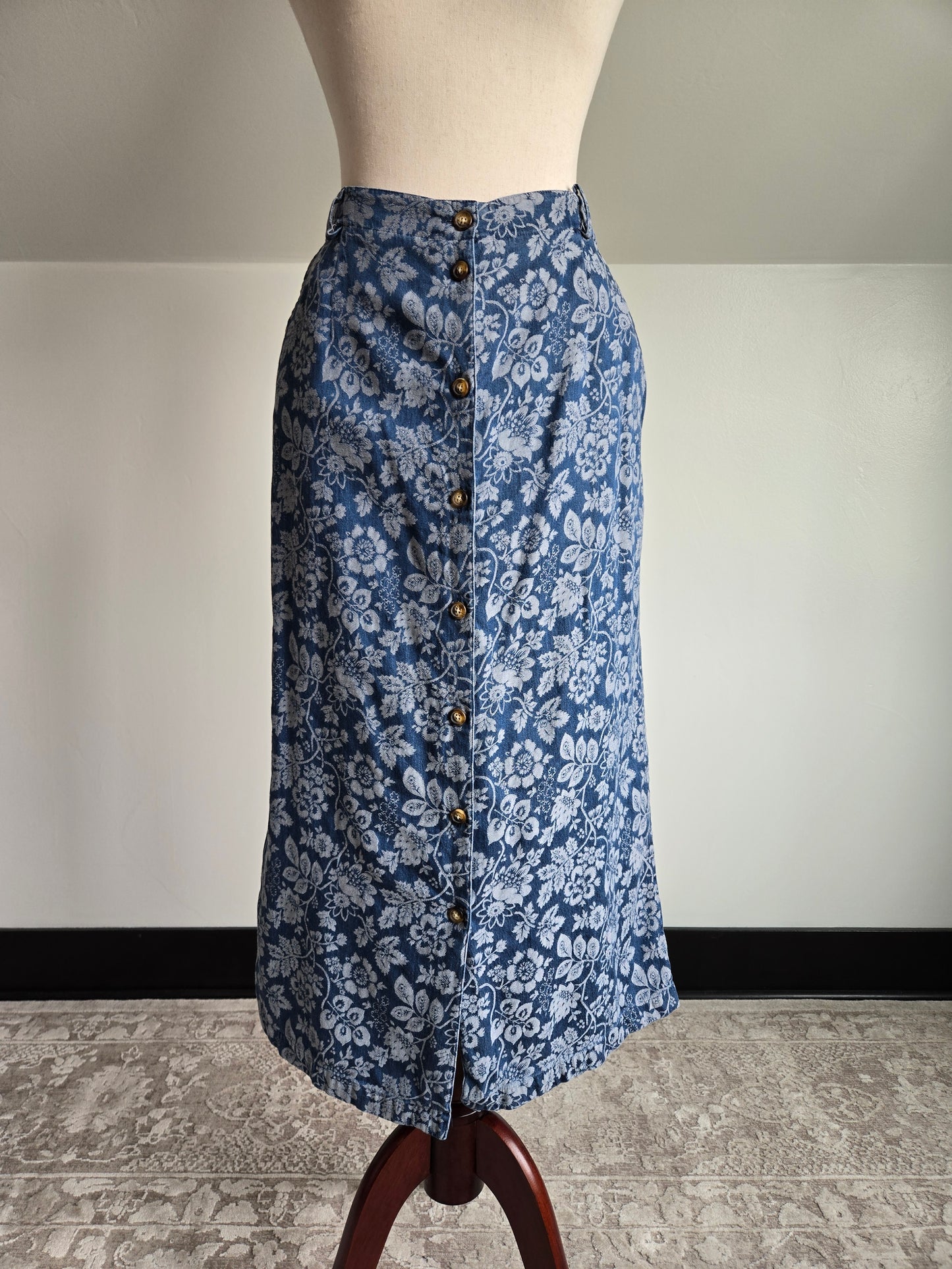 Vintage Orvis Denim Floral Jacquard Skirt - W34-37"