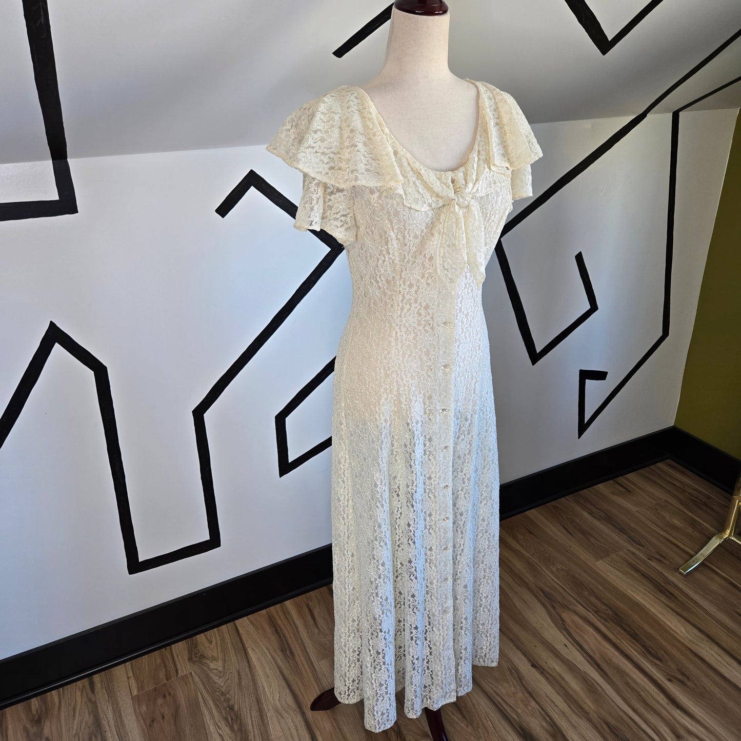 All That Jazz Vintage 80s Shear Ivory Lace Dress with Cape Flutter Sleeve - Small