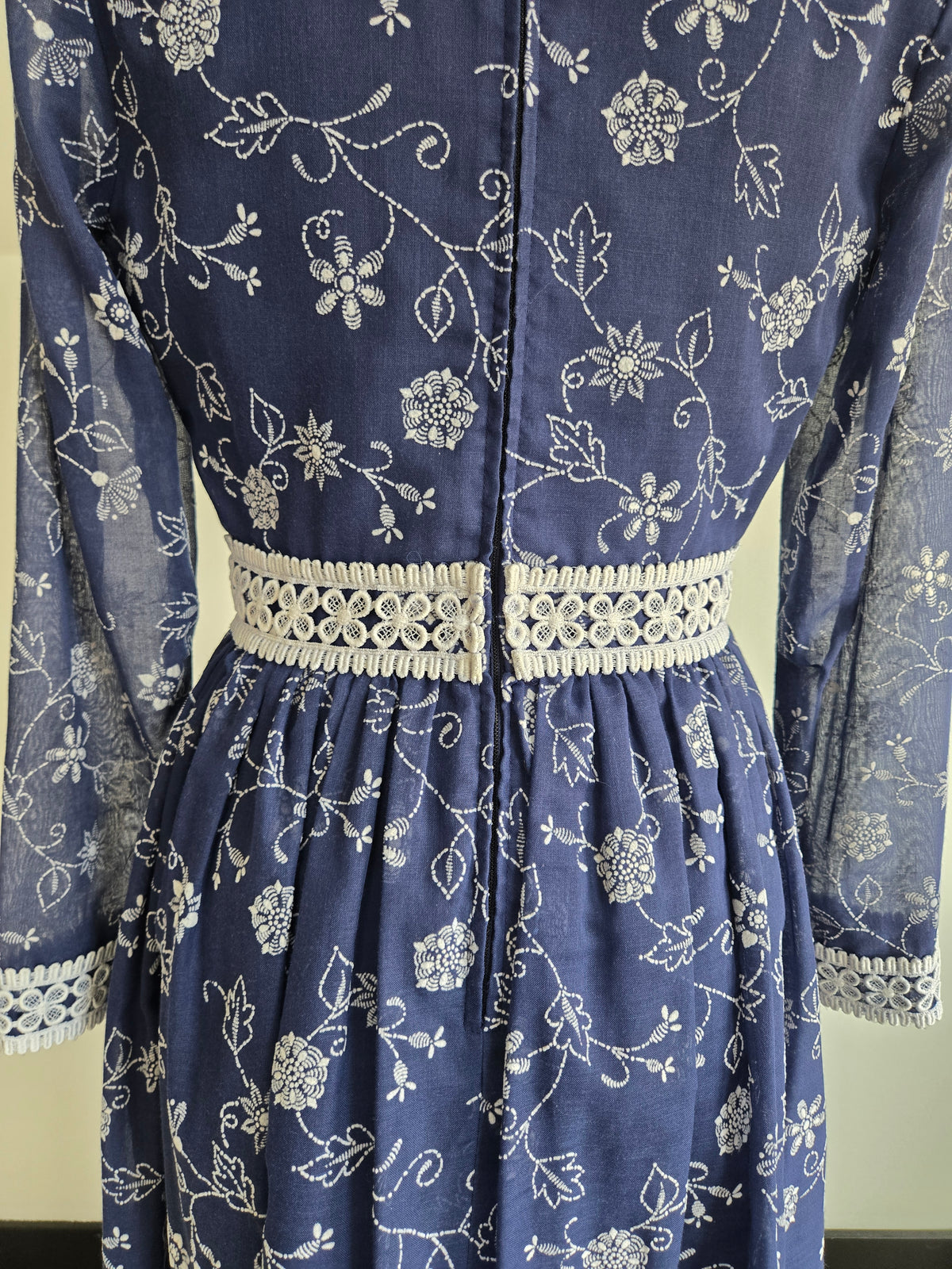 Vintage 70s Navy Blue Floral Embroirdered Maxi Dress - S/M