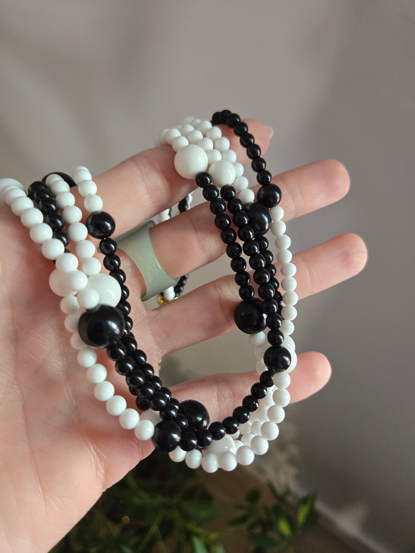 Vintage Black and White Multi Strand Beaded Necklace