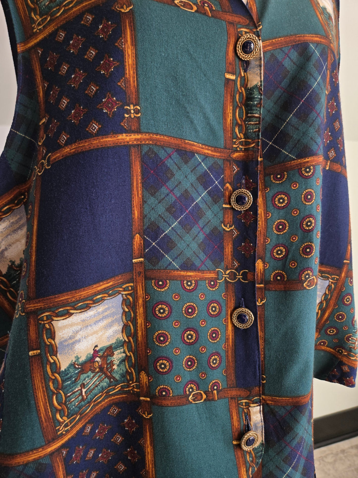 Jantzen Vintage Equestrian Print Plaid Vest - 2XL