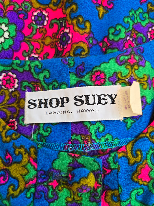 Shop Suey Hawaii Acrylic Barkcloth Dayglo Print Dress - S/M