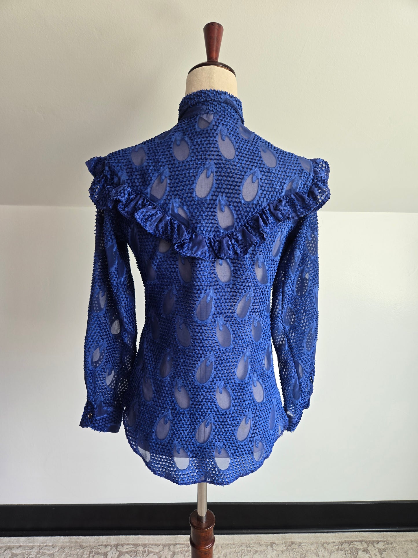 Miss Rodeo America Vintage Blue Shear Blouse with Ruffle - Small