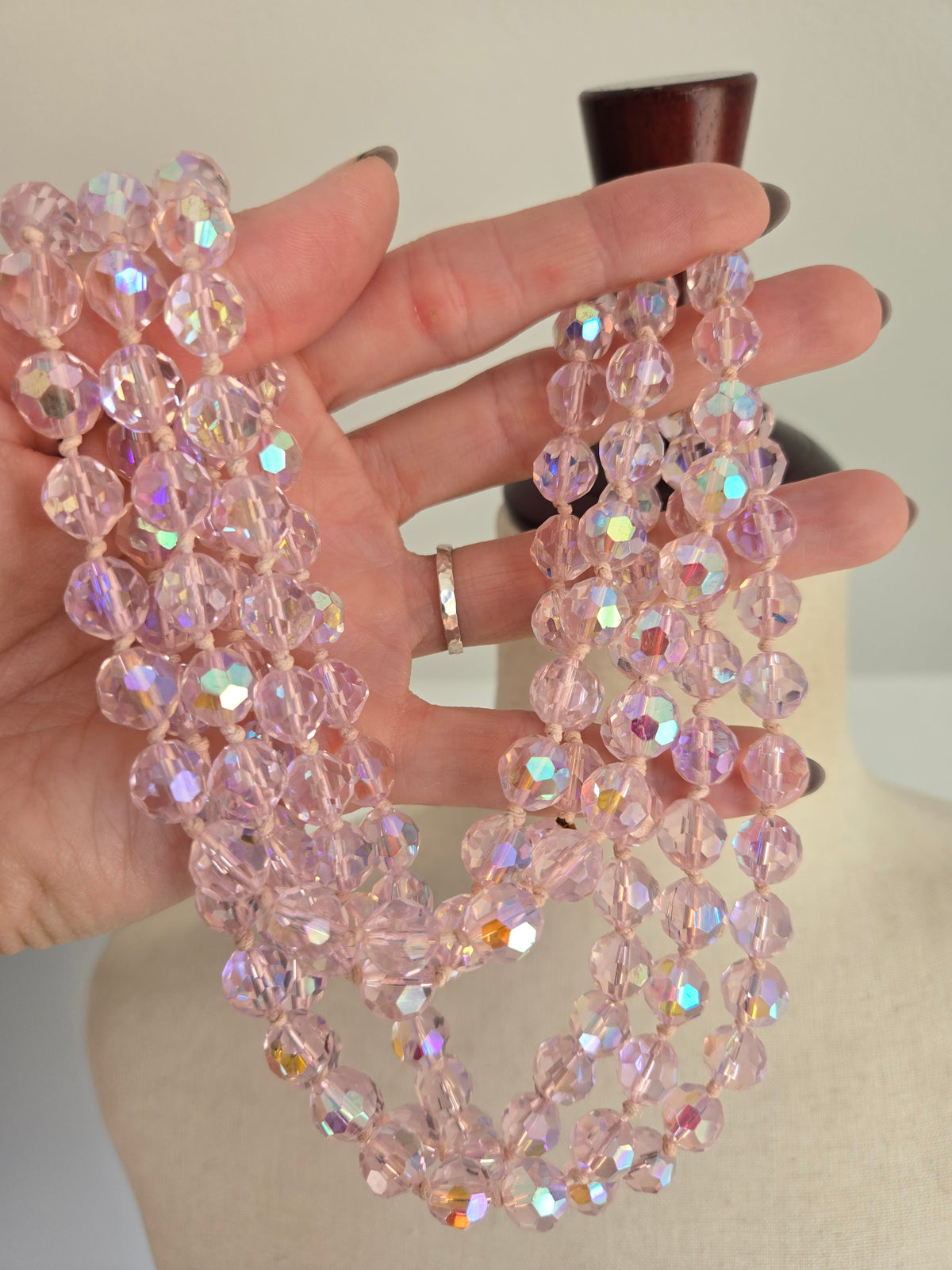 Hand Knotted Pink Glass AB Crystal Long Necklace