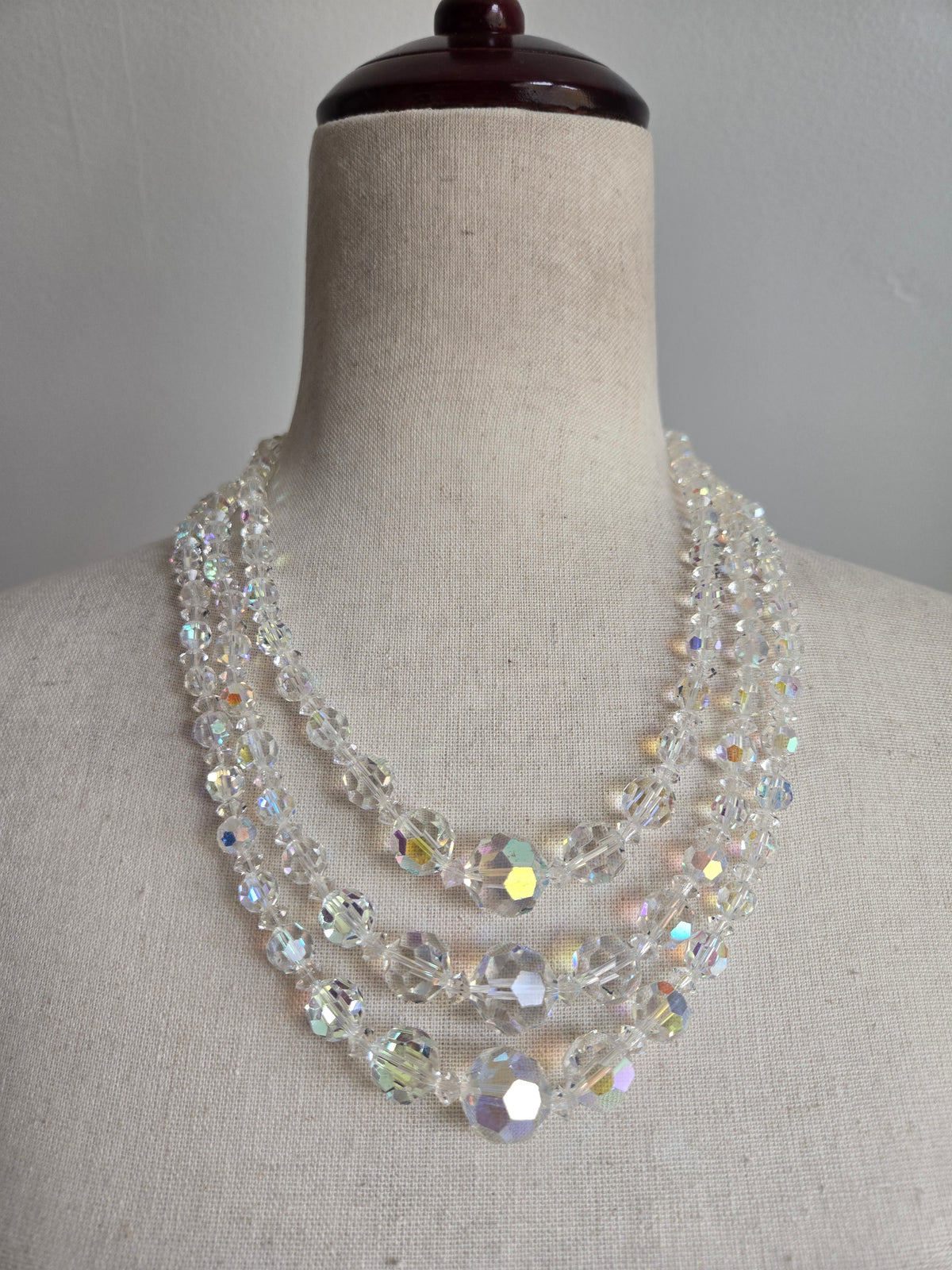 Vintage Three Strand AB Glass Crystal Necklace