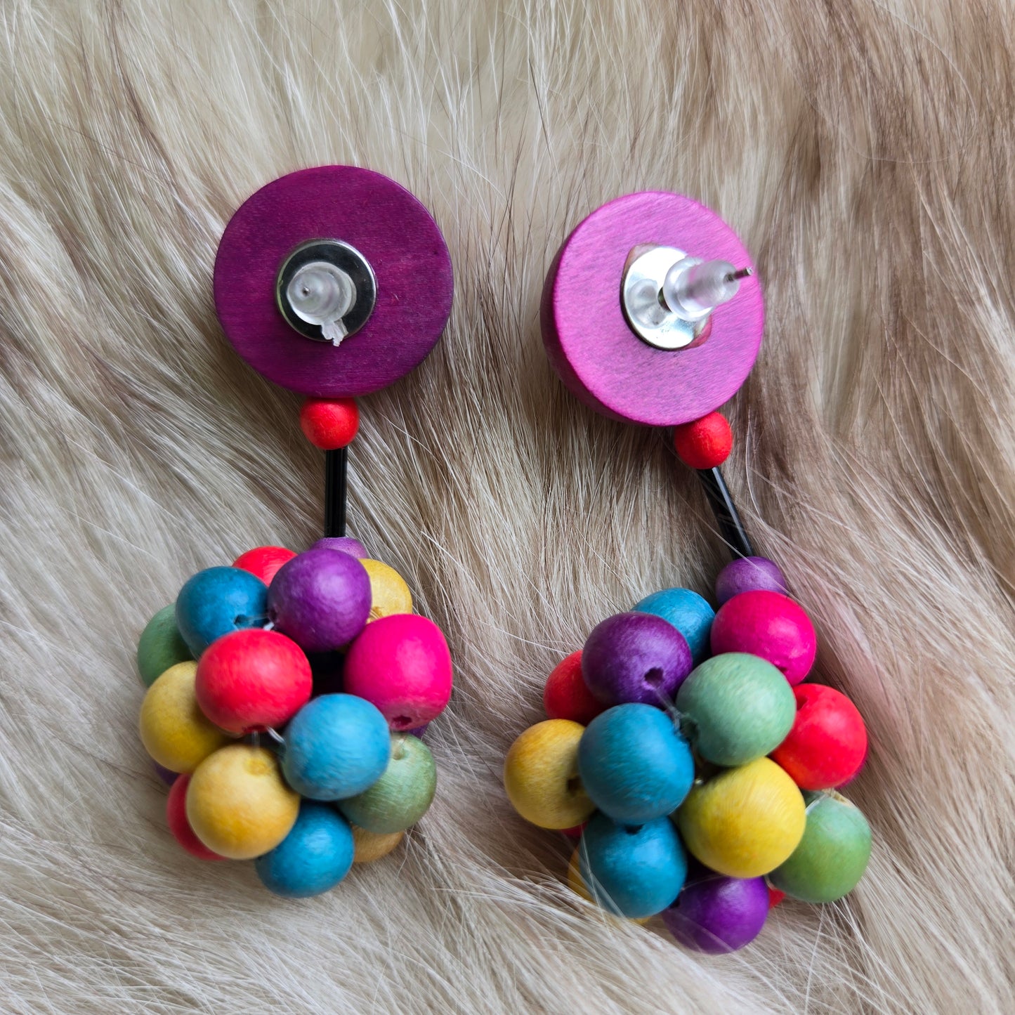 Vintage Wood Rainbow Cluster Drop Earrings - Post Back