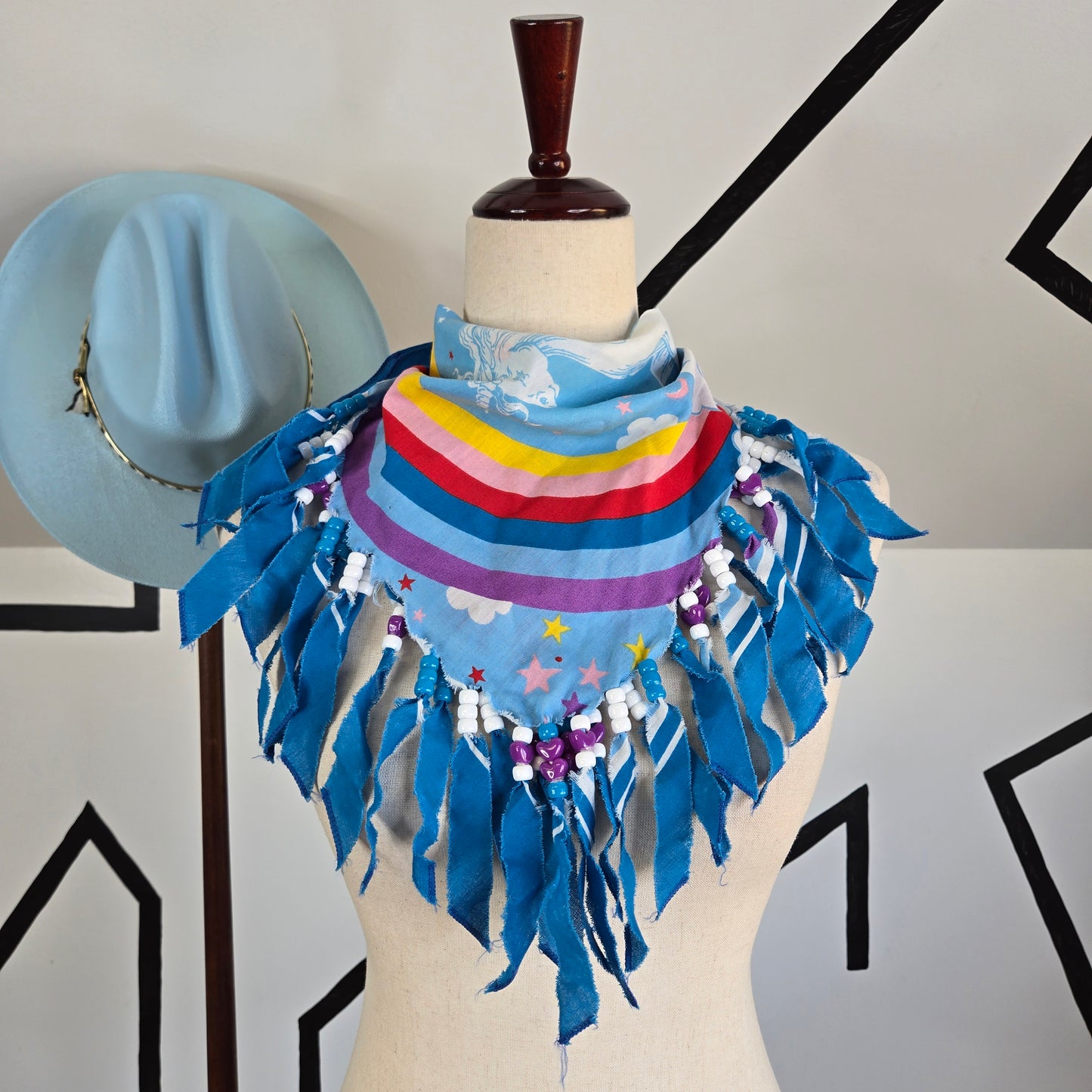 Blue Unicorns and Rainbows Neck Tie Bandana with Beaded Fringe