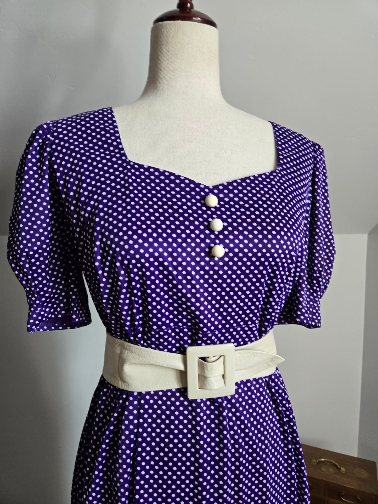 Vintage 60s Nylon Purple Polka Dot Sweetheart Dress - large