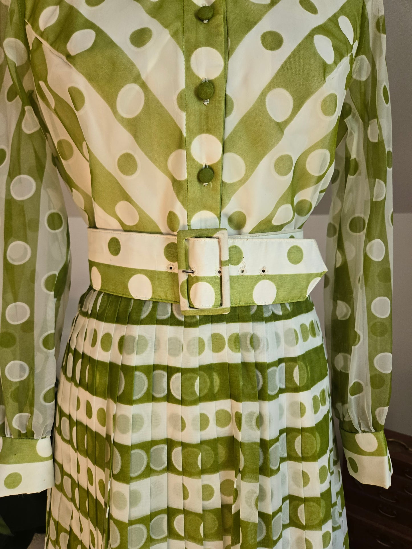 Coco California Vintage 1970s Green and White Polka Dot Stripe Dress -