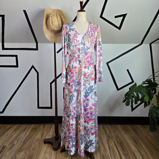 Vintage 1970s Floral Long Sleeve Maxi with Curved Bust Seams