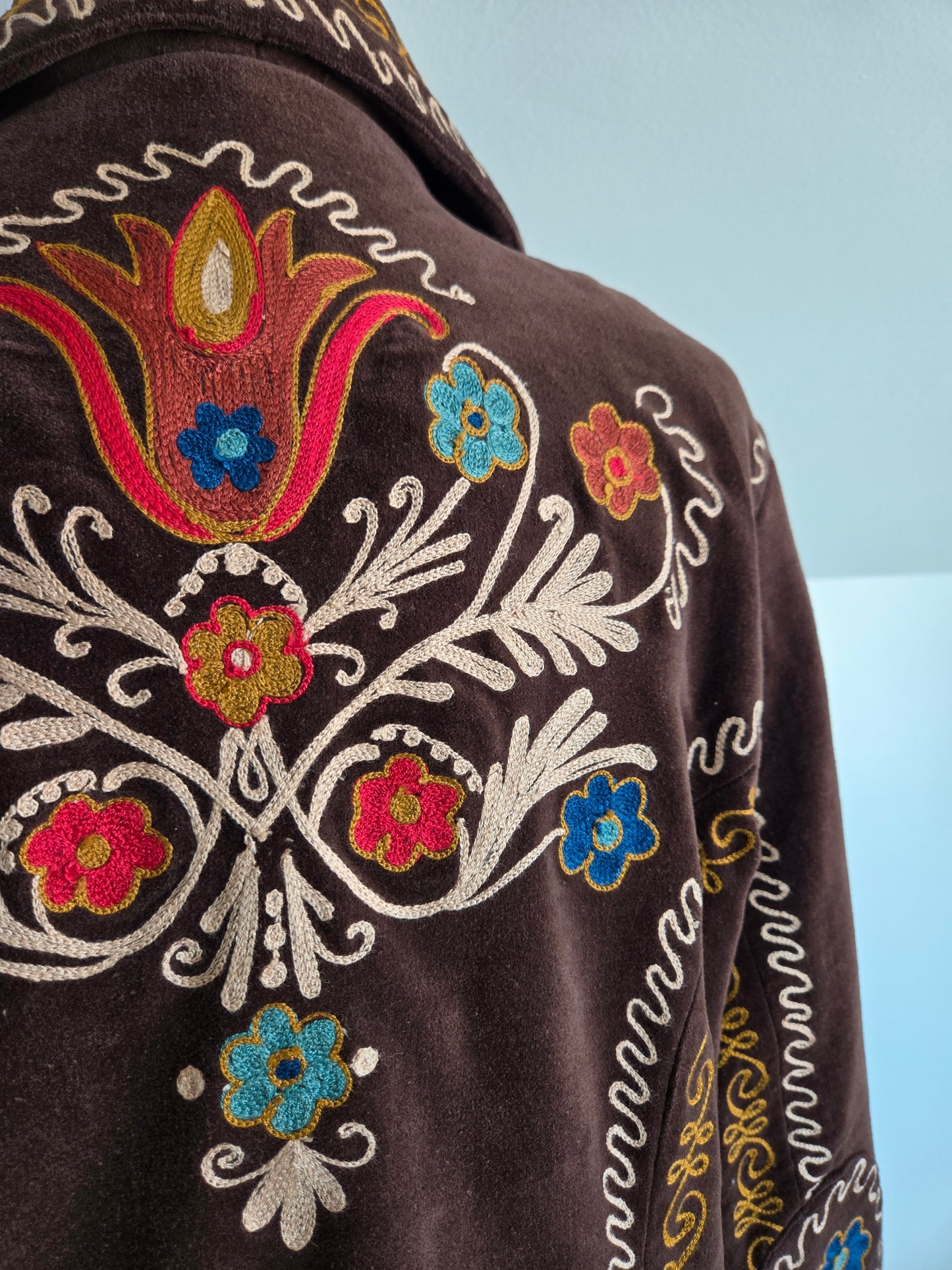 Doubled D Ranch Brown Velvet Blazer with Colorful Stitching Detail - XL