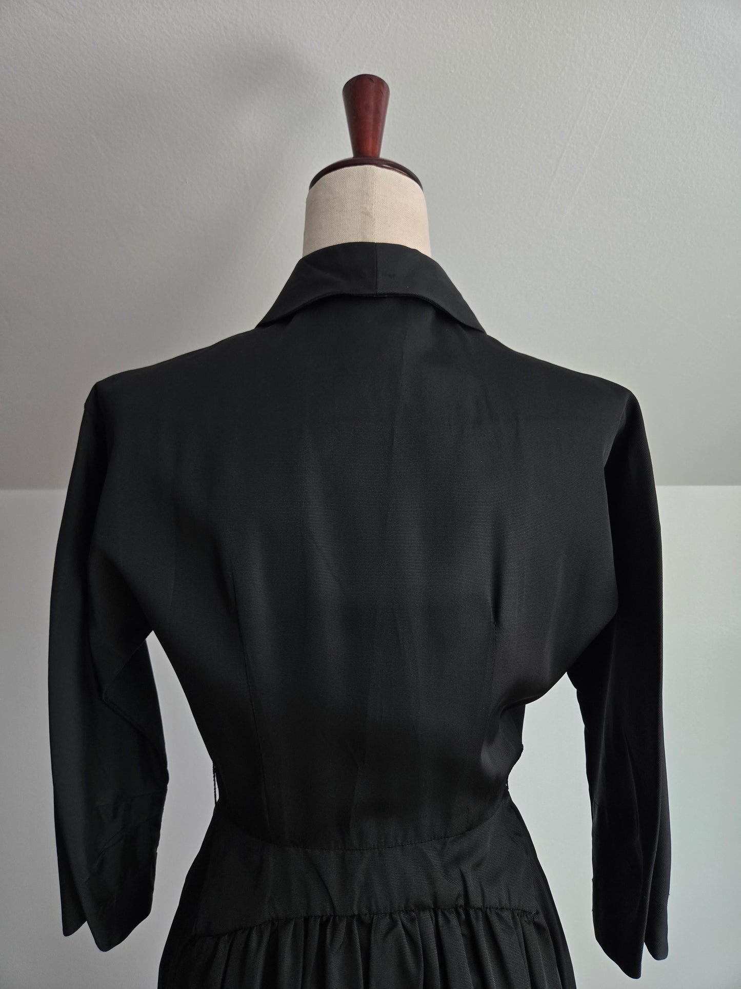 Vintage 1940s Black Satin Day Dress - Small