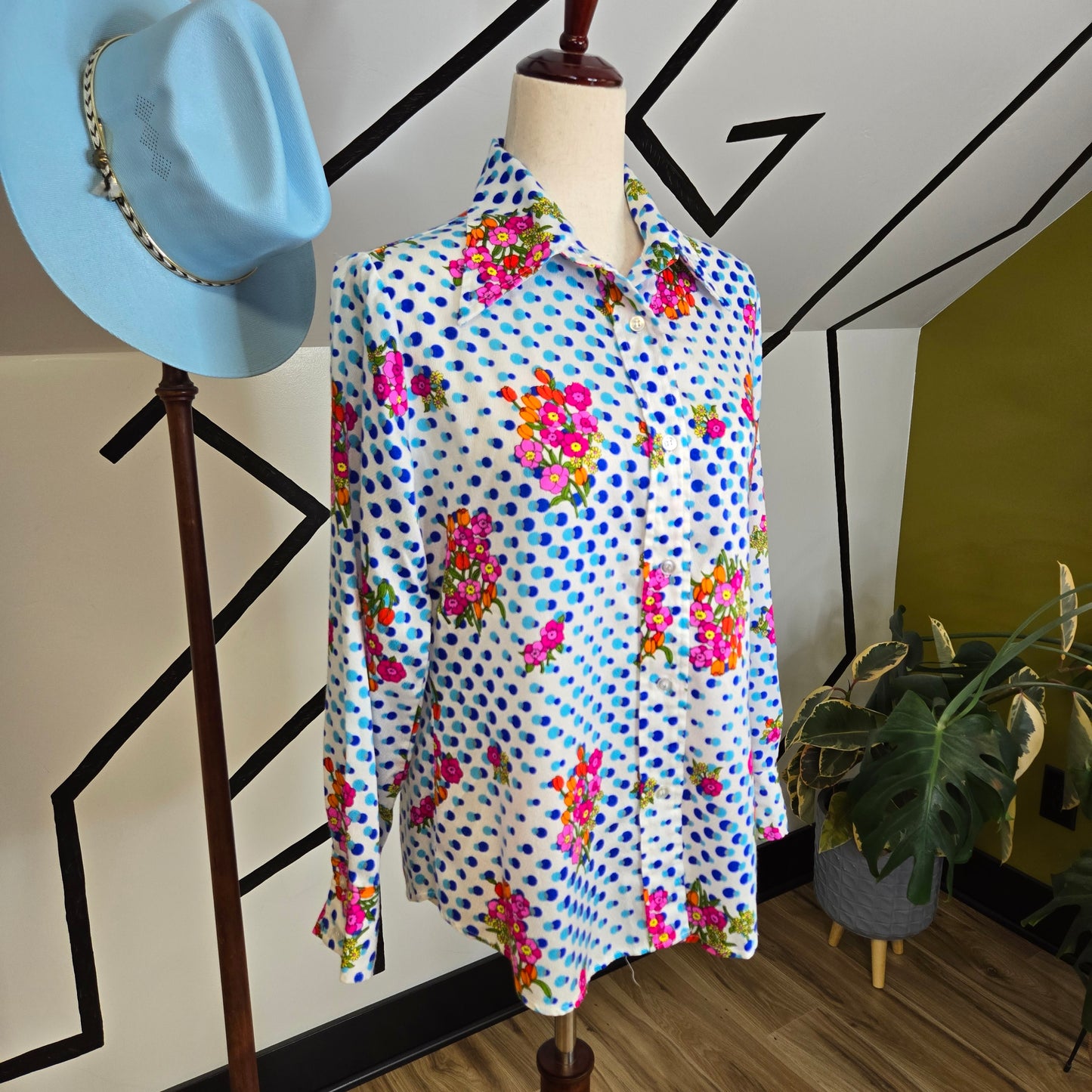 Vintage Dayglo 1970s Barkcloth Polka Dot and Flower Power Top - medium/large