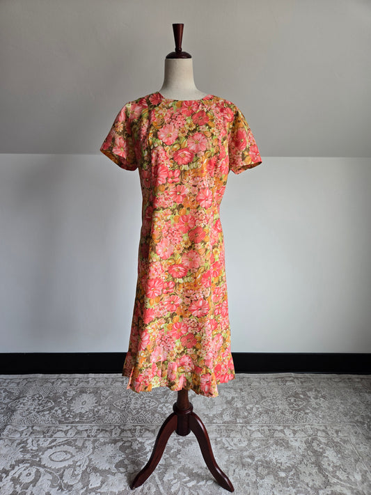 Vintage 1950s Handmade Flower Power Dress - L/XL