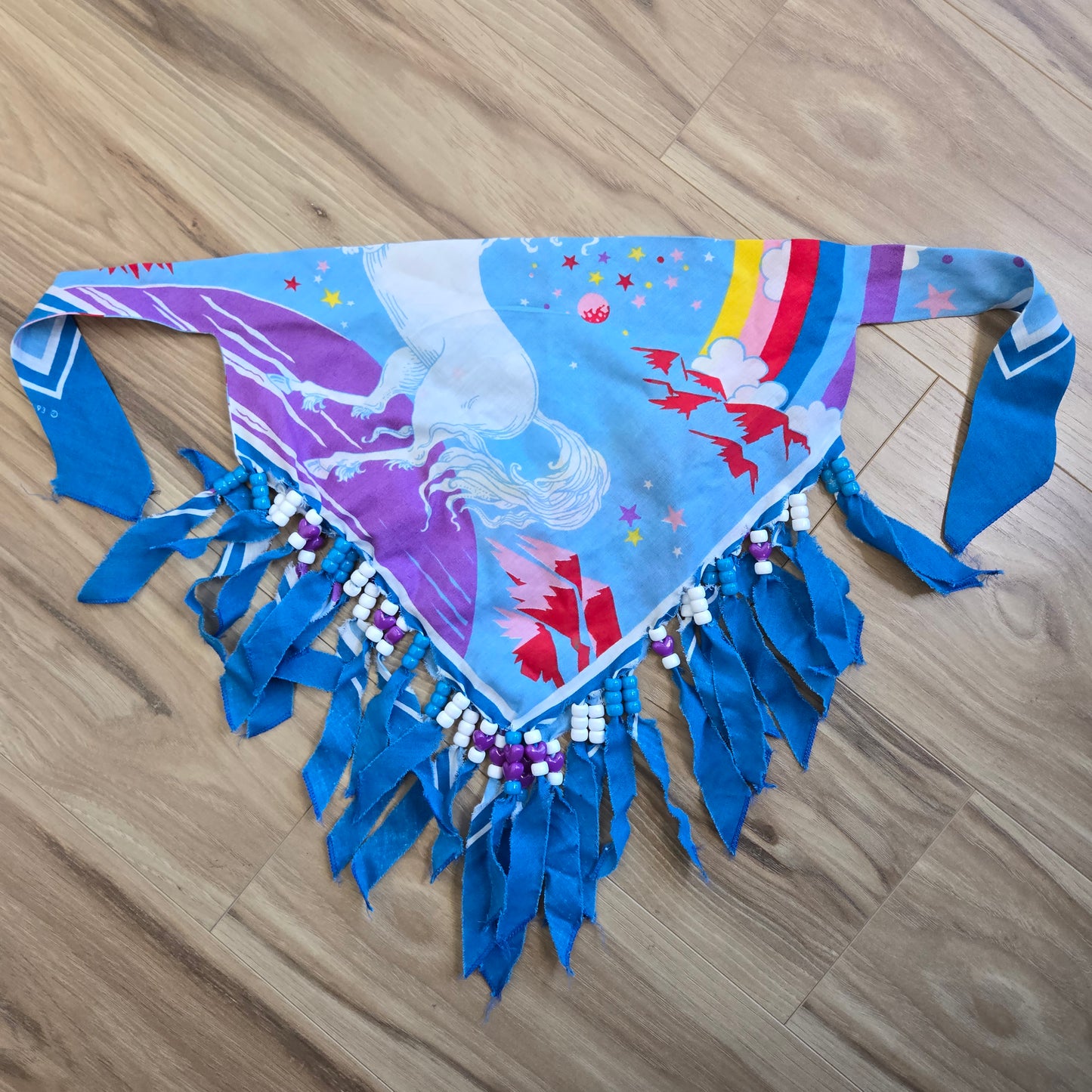 Blue Unicorns and Rainbows Neck Tie Bandana with Beaded Fringe