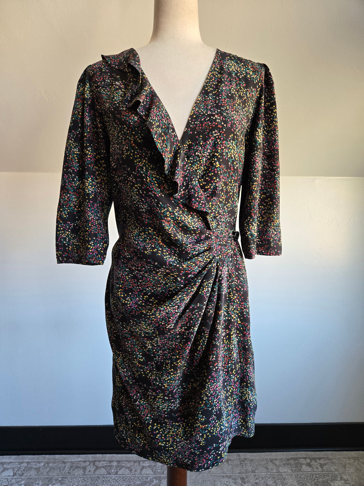 Parker Silk Floral Heart Print Wrap Dress - Medium
