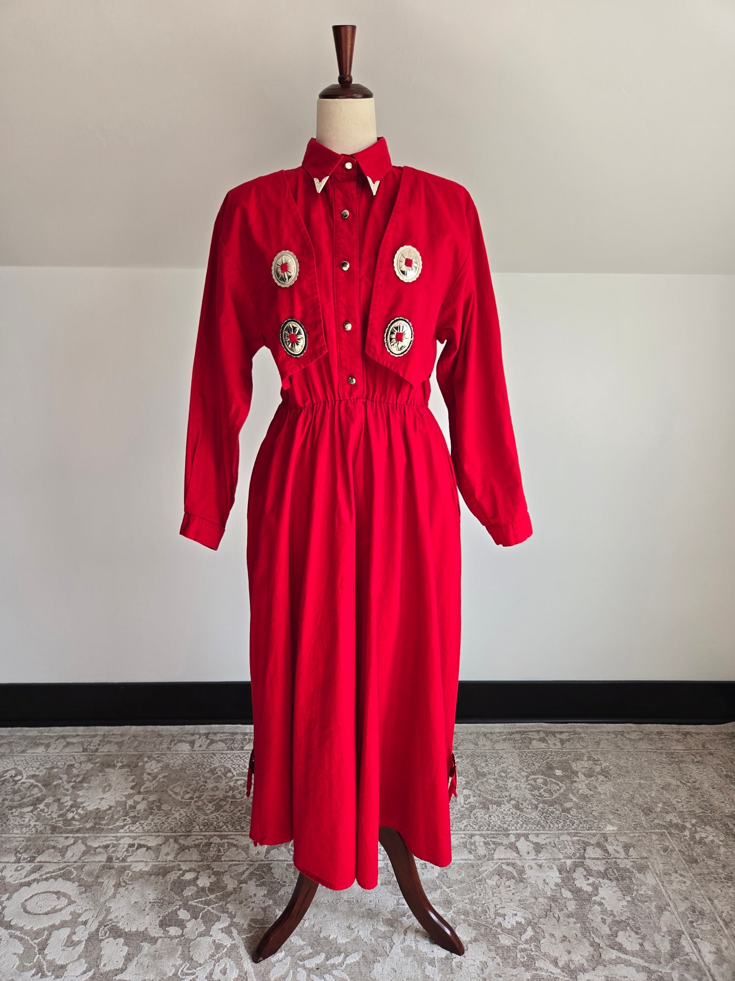 Sas'sa Vintage Red Western Dress with Silver Concho Details - S/M