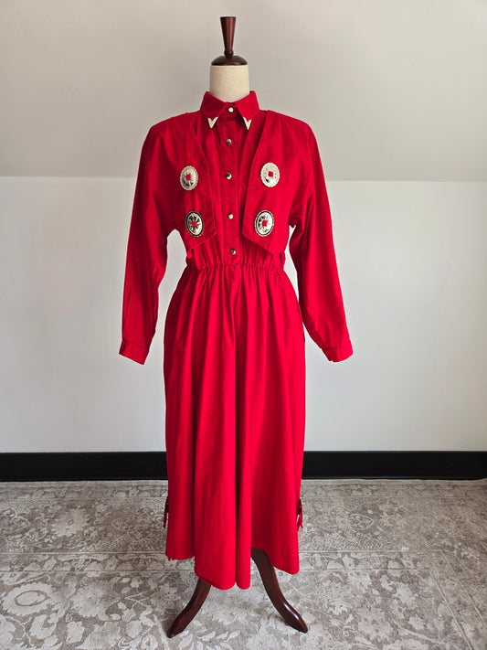 Sas'sa Vintage Red Western Dress with Silver Concho Details - S/M