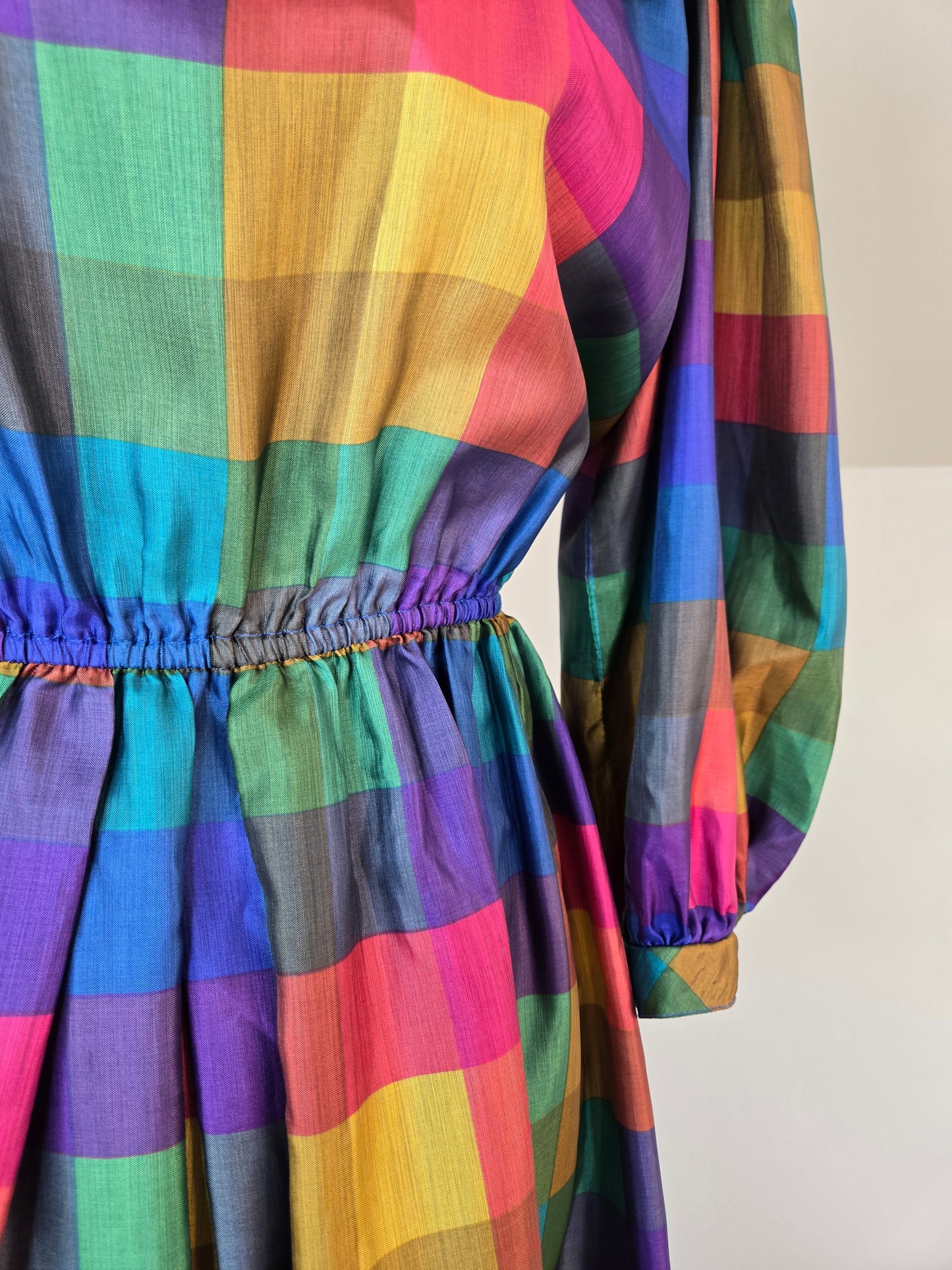 Donna Morgan Vintage 1980s Rainbow Plaid Ruffle Collar Dress - medium