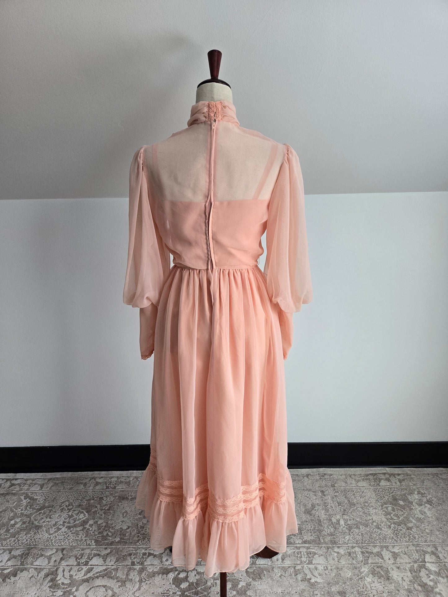 Peachy Pink 1970s Vintage Edwardian Style Dress - small