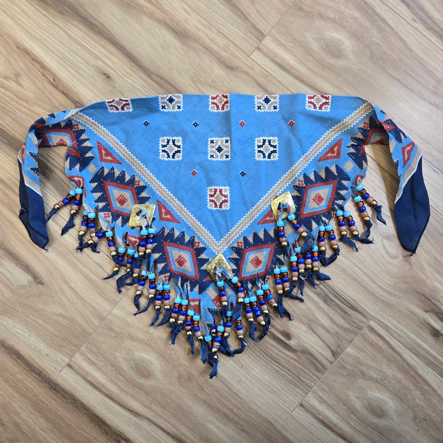 Blue Western Neck Tie Bandana with Beaded Fringe