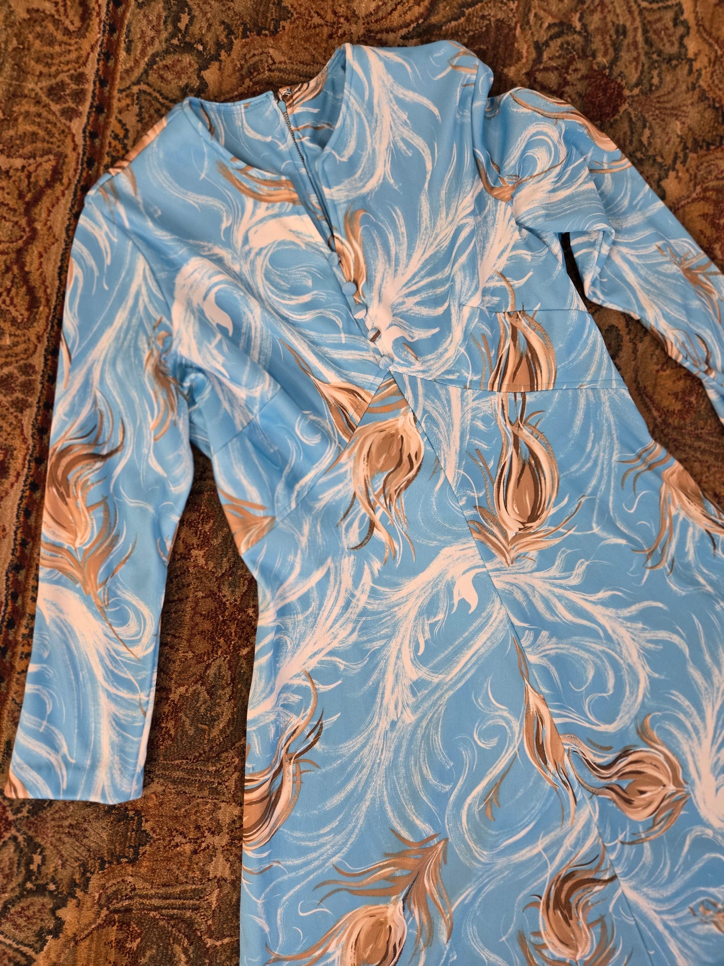 Sears Vintage 60s Blue Feather Print Dress - large