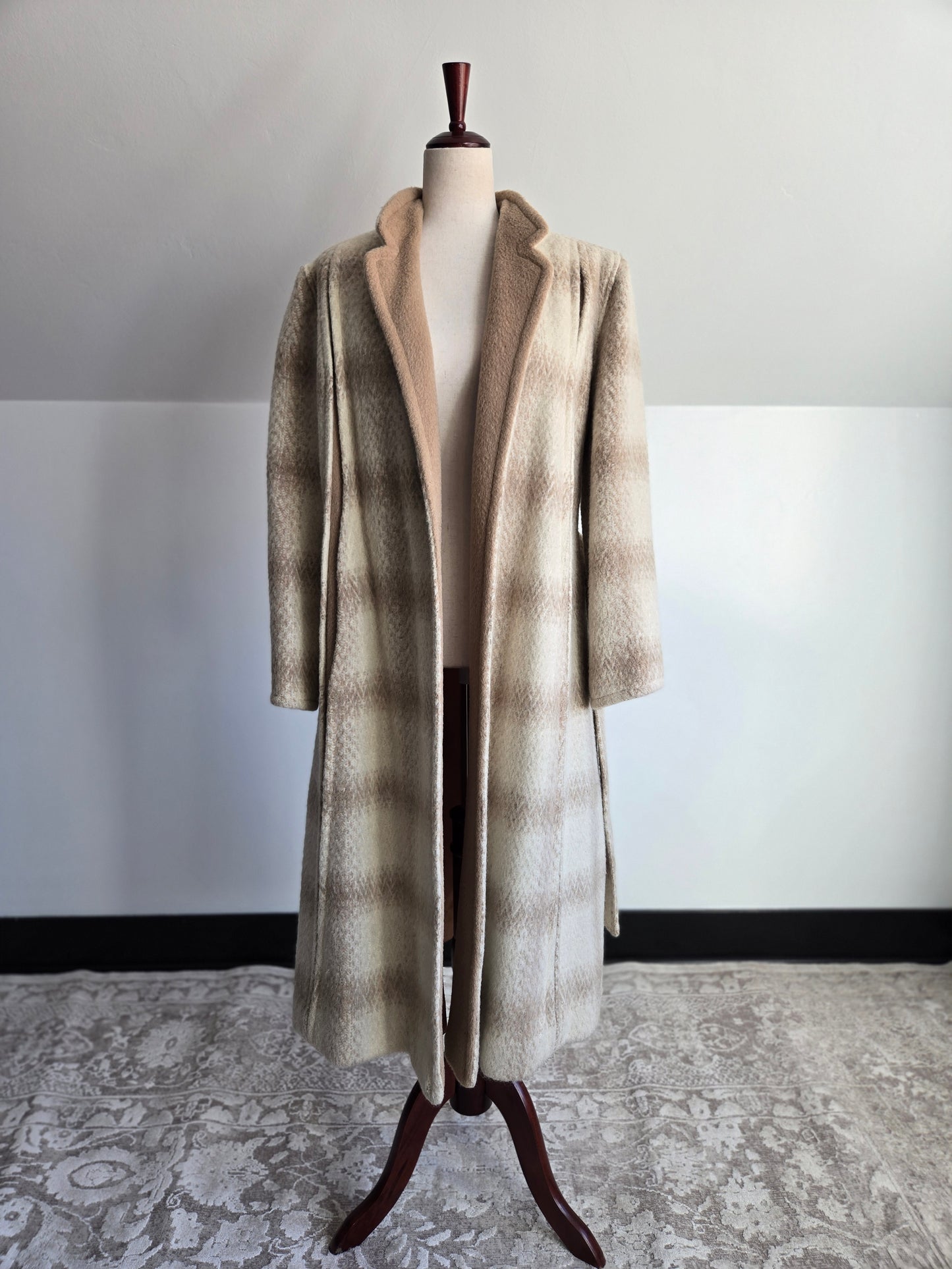 Vintage 1950s Plaid Wool Over Coat with Waist Tie - M/L