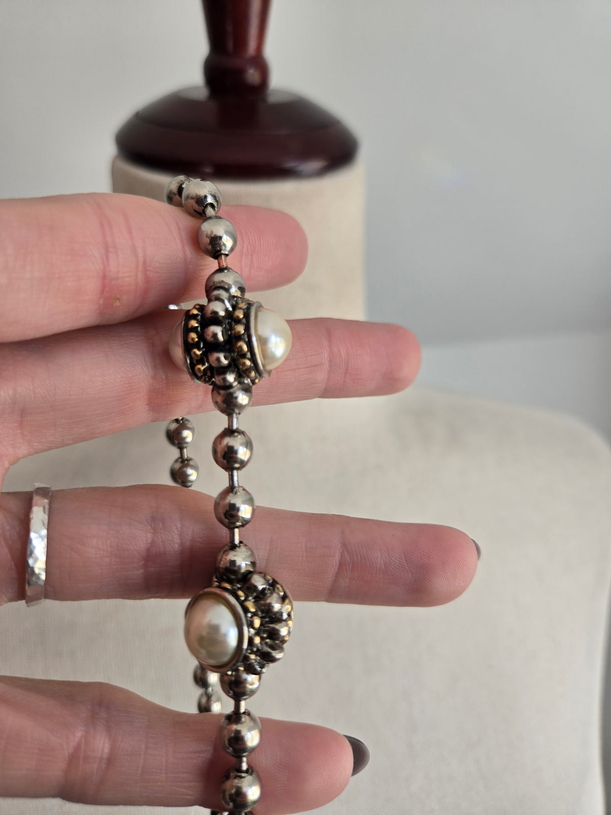 Vintage Metal Bead Necklace with Pearl Cabs
