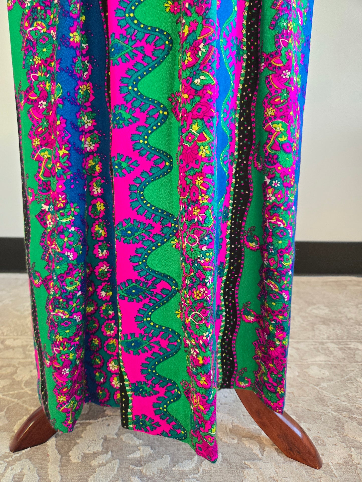 Vintage 70s Black Maxi Dress with Barkcloth Skirt - small