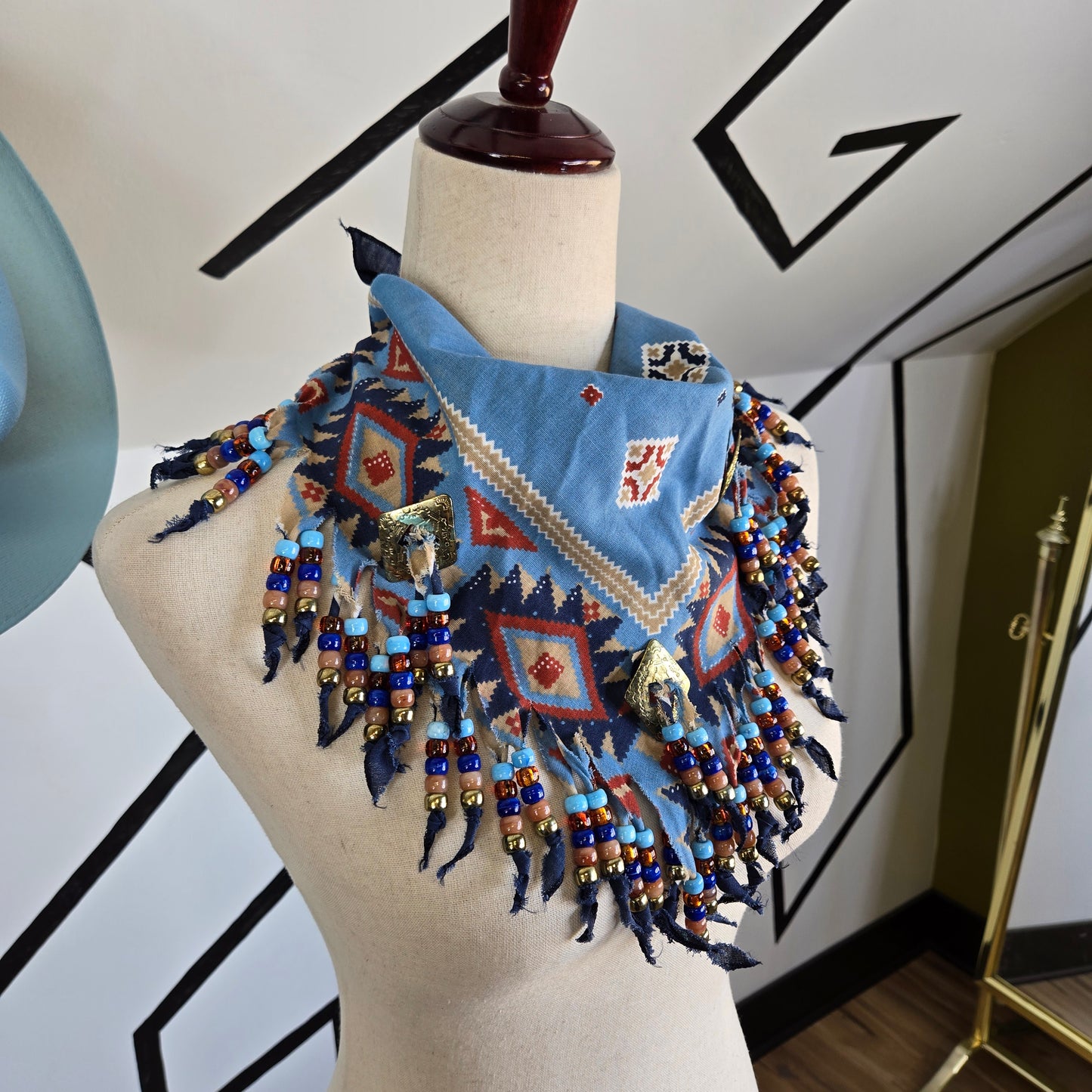 Blue Western Neck Tie Bandana with Beaded Fringe