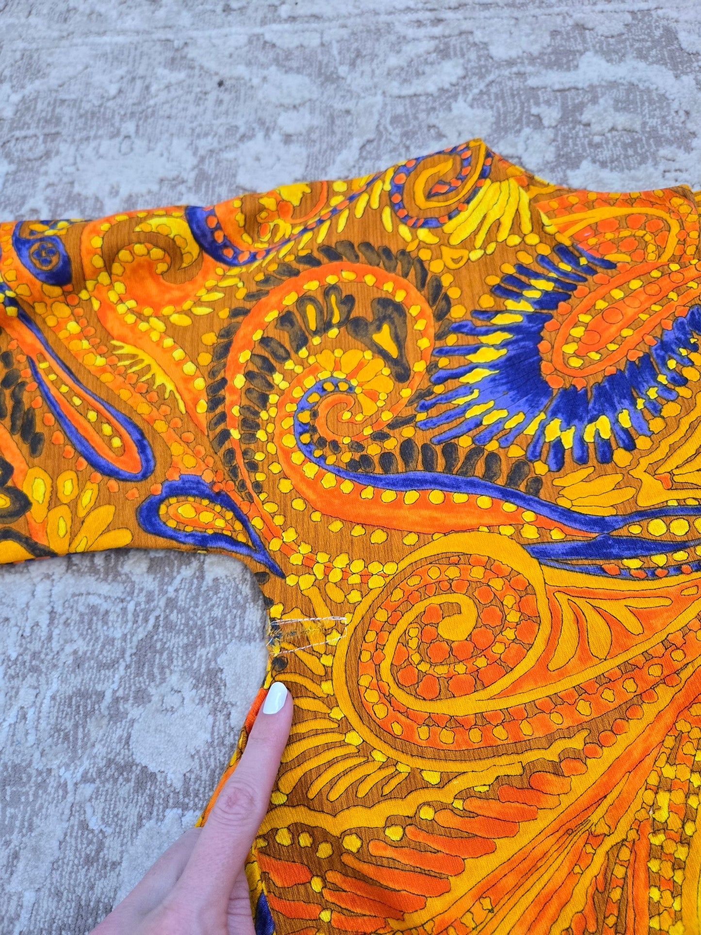 Vintage Barkcloth Orange Psychedelic Dayglo Print Maxi Dress - XS/S