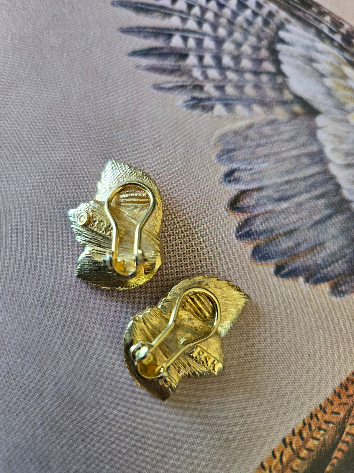 BSK Signed Vintage Leaf and Rhinestone Earrings - Clip Ons
