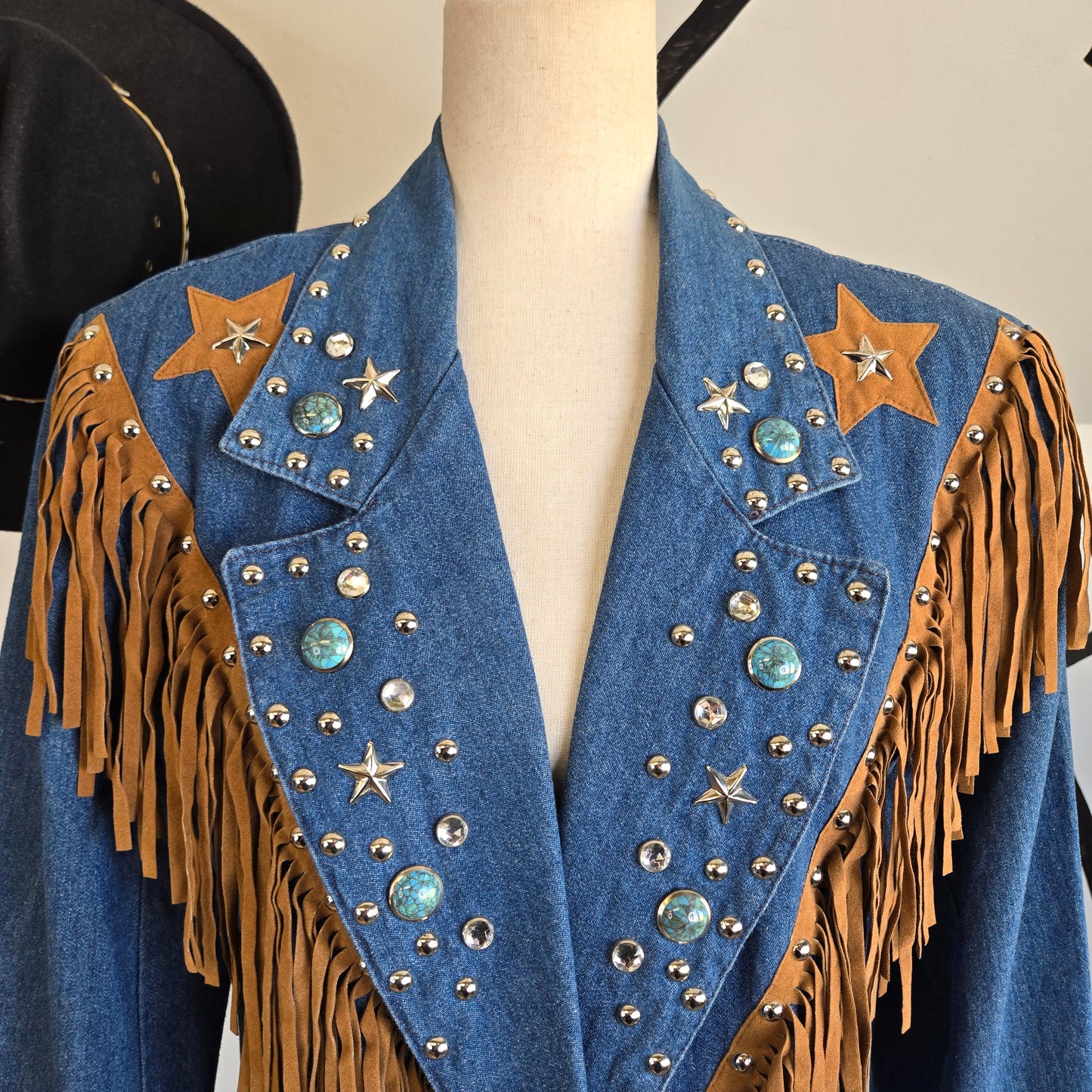 Gepetto Vintage 80s Denim Blazer with Fringe and Studs - Large